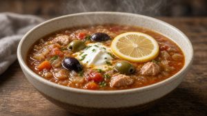 Сборная солянка на шесть порций с огурцами и копчёной колбасой